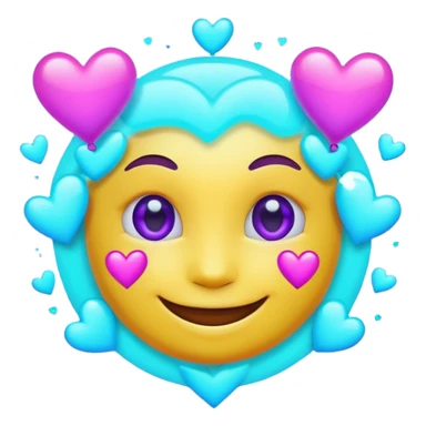futuristic glowing emoji face smiling with floating neon hearts, purple and cyan holographic light, dark background sticker