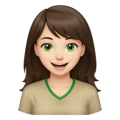 Gorgeous brunette girl green eyes, beige shirt, with swoop bangs and long hair having fun, laughing sticker