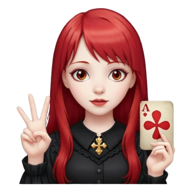 a gothic girl with long red hair and bangs holding a lucky sign sticker