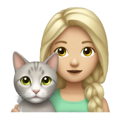 Girl with blonde hair and hazel eyes holding a grey cat with light green eyes sticker