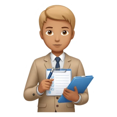a person holding a checklist and pen, wearing smart casual clothing. The character is in a focused pose sticker