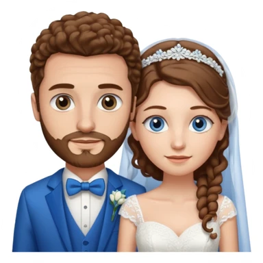 wedding couple, woman has long straight brown hair and blue eyes, man has short light brown curly hair and facial hair with blue eyes sticker