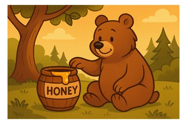 Create a second version of the cartoon bear and honey barrel scene for a 'spot the three differences' quiz. Make three subtle changes to objects in the scene, such as changing the bear's expression, altering the honey shape, or modifying a background detail. Keep the style, lighting, and layout consistent with the original image, preserving the cartoon style and warm lighting of the original. sticker