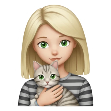 Blonde girl with blue eyes cuddling with light grey tabby cat with dark grey stripes and green eyes sticker