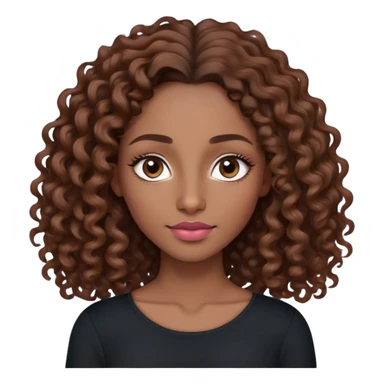 Light skinned or fair skinned, LONG curly hair (shoulder length) Nubian nose, full lips with a natural pink-brown tone, dark brown almond eyes, Slight arched eyebrows, full  brown.  wearing a black long sleeve top  sticker