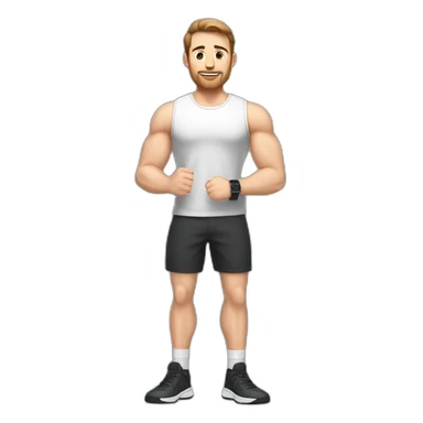 Full height Actively gesturing with hands Pale skinned Fit Man With the biceps and brown hair in dark gray Sleeveless Mike, black oversize sports shorts, watch and white Sneakers sticker