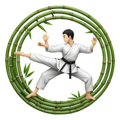 An icon symbolizing Eastern martial arts in the style of an emblem, with a black-and-white Yin-Yang symbol at the center. The design shows a martial artist performing a graceful kick, surrounded by bamboo and traditional elements. Transparent background emphasizes balance and harmony sticker