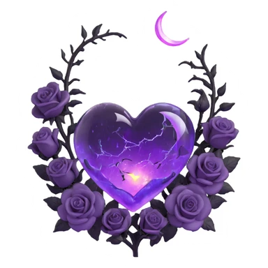 3D emoji gothic heart, purple glass, crescent moon with glowing aura, black roses floating around, electric lightning, swirling rain, cracked glass with glowing edges sticker