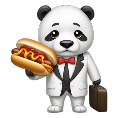 A professor with white suit and red tie and a panda face eating a hotdog and holding a black suitcase sticker