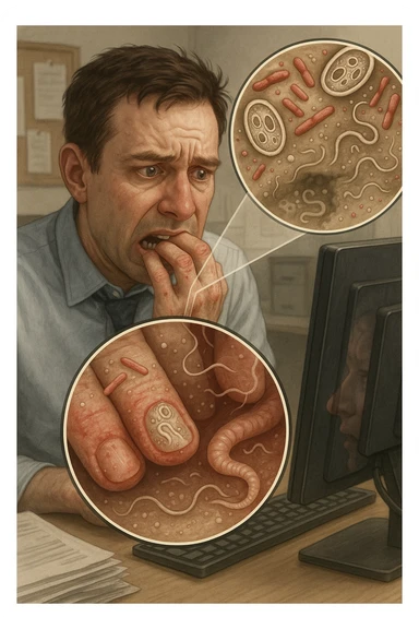 Anxious man at office desk unconsciously biting fingernails, microscopic overlay showing parasitic eggs and bacteria concentrated under nail beds, worms and microorganisms being consumed with each bite, expression of nervous habit unaware of contamination, computer screen reflecting his stress while he infects himself, fingertips raw and bleeding from chronic nail-biting, invisible parasite colonies entering his digestive system sticker