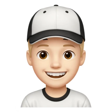 smiling schoolboy with large front teeth and a black baseball cap sticker