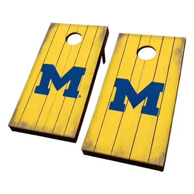 Cornhole board blue and yellow with Michigan “M” sticker