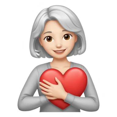 Silver hair, wavy/curly hair chin-length lady giving hug with 2 arms,  v-neck and smiling, add a heart sticker