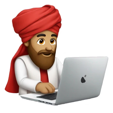 A caliph with turban and red clothes writing in a laptop sticker