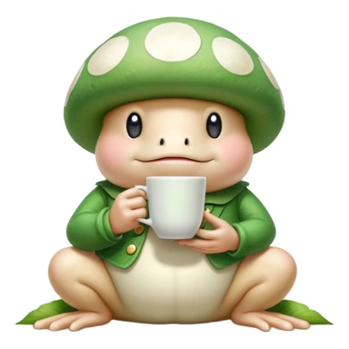 Mushroom person (Toad from Mario games) drinks a cup of green tea while he is waiting for Princess Peach Toadstool being done with her meeting with other toads on zoom call about something sticker