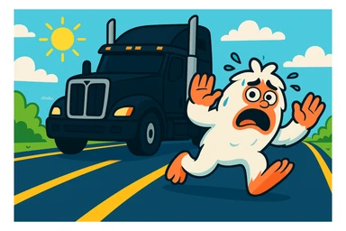 Edit the image to place the abominable snowman and the black semi truck on the same side of the highway. Keep the snowman small and scared, positioned in front with the semi truck behind it at a 45-degree angle. Maintain the bright, distant highway view as in the original image. sticker