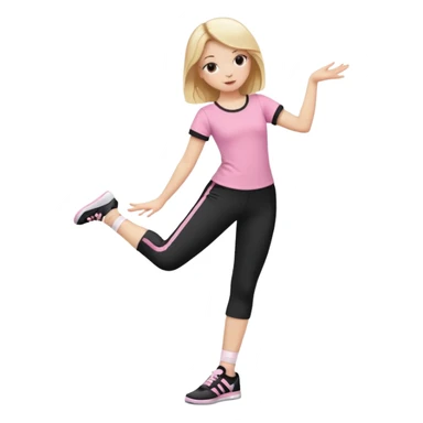 Hiphop dancer, with cute big pants, sneakers, and t-shirt. White girl blond. Coloufull shirt. No pocket pants. Dancing. Pink and black plain outfit. No sweatbands on the wrist, black music box behind her. Ballerina pose. The third on is amazing. With nothing on the shirt sticker