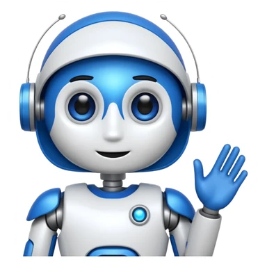 robo azul e branco sorrindo e piscando com um olho só, fazendo um sinal de posito com uma das mãos sticker