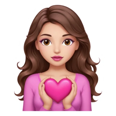 girl with long wavy brown hair, brown eyes, long lashes makeup, sexy pink lips, light to medium complexion, wearing a pink sexy top, squeezing a big heart sticker