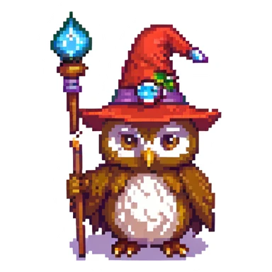 pixel art owl with a red wizard hat and a magic wand sticker