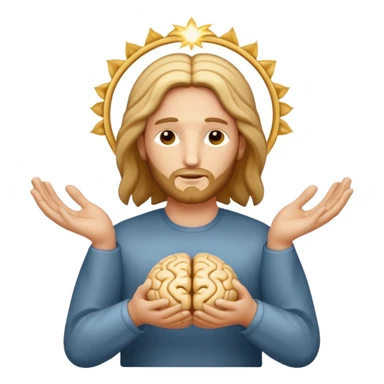 Christ Guardian of Mind, benevolent figure with soft golden glow, hands gently cradling stylized brain or mind symbol, surrounded by peaceful energy, iOS emoji style sticker
