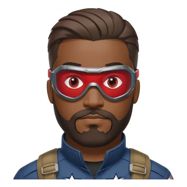 sam wilson with a hair close to the scalp and  a well-groomed beard that connects to his mustache,  wear sleek, red-tinted tactical goggles fit snugly from captain america: civil war sticker