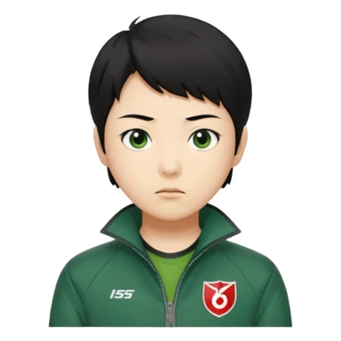 Create a realistic portrait of Kang Sae-byeok (Player 067) with short black hair, green jacket & serious look. sticker