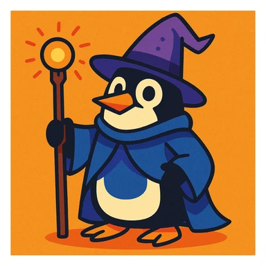a penguin dressed as a wizard, with a pointy hat and a magic staff, in a fun and whimsical style sticker