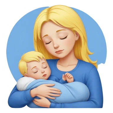 Mother is holding a baby, the mother has yellow hair and pink clothes, the baby is sleeping in blue clothes sticker