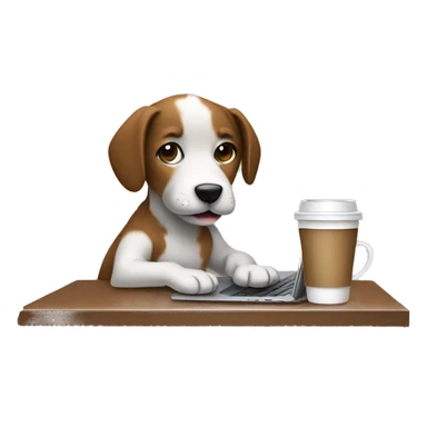 A hip puppy who is developing while drinking coffee in front of a laptop sticker