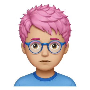 boy with short, curly pink hair, matching blue eyebrows, light brown skin, round black glasses, and a neutral facial expression. sticker