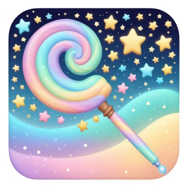 Cinematic cute magical wand, pastel swirls of color, tiny twinkling stars floating around, glowing softly, chubby rounded edges, whimsical and dreamy. sticker