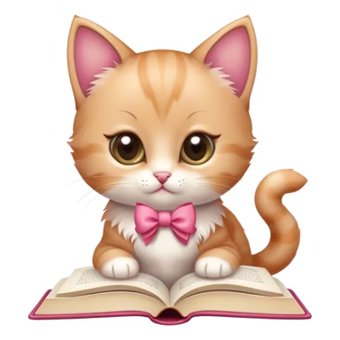 a cute kitten with a bow reading a romance book sticker