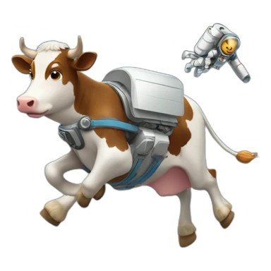 side-on view of cow flying to space while wearing a jetpack with legs being pushed back by the wind sticker