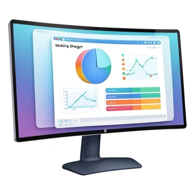 Create an emoji for 3D visualization and modeling. Show a large curved monitor with a 3D modeling program interface on the screen. Use modern, professional colors. Do not include any emojis or smiley faces. Make the background transparent. sticker