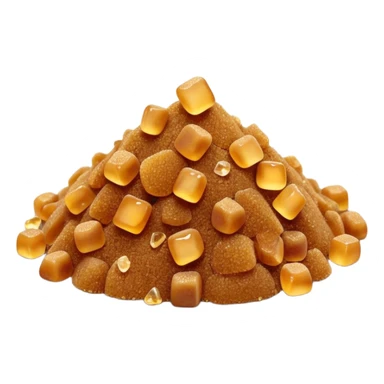 small heap of brown sugar, golden-amber, coarse granulated texture, dry, a few loose crystals, no spoon, clean, 3D, soft shadows, natural, no cartoon features, no packaging, no bowl, transparent background, emoji scale sticker
