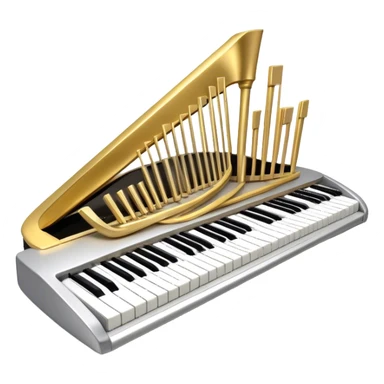 Create an elegant and festive emoji collage representing keyboard instruments, styled like a heraldic emblem. The design should feature a central focal point of black and white piano keys, arranged in a semi-circular or shield-like shape. Around the piano keys, add intertwining musical notes that form flowing ribbons, creating a dynamic and celebratory atmosphere. The design should be professional, with polished silver and gold accents on the keys and notes, highlighting the luxury and sophistication of the instruments. Add subtle shading and lighting effects to give the design a refined, 3D appearance. The background should remain transparent, and the overall feel should evoke grandeur, artistry, and a sense of celebration. sticker