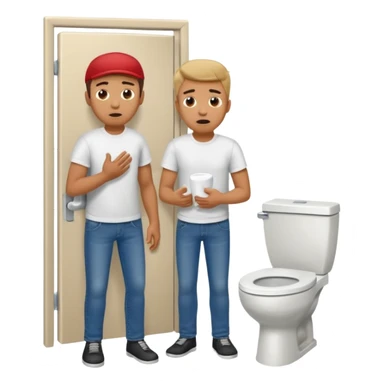Man using the toilet while the other man is banging on the door begging holding it sticker