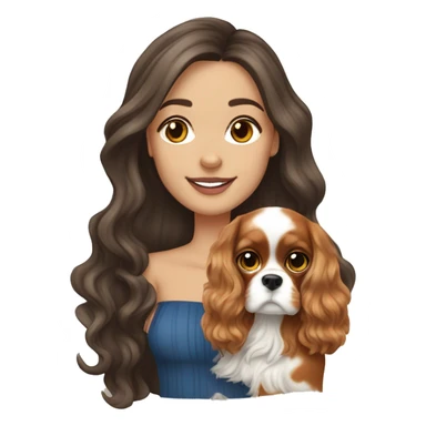 Pretty white brunette long wavy hair girl, holding a cute cavalier King Charles spaniel dog with short ears wavy fur sticker