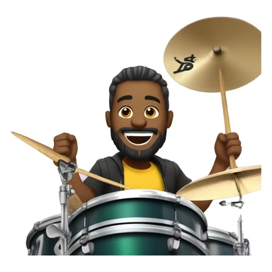 Imagine a Brazilian drummer with tied hair and a beard, laughing and celebrating while playing drums in a live broadcast. The logo "GG Lukas Drummer" should appear in the background of the image. sticker