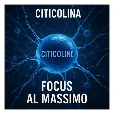 Citicolina come neurotrasmettitore chiave per il focus, iper realistico, molecola blu che attiva connessioni neurali, scritta 'Focus al massimo', atmosfera motivazionale, dettagli realistici sticker