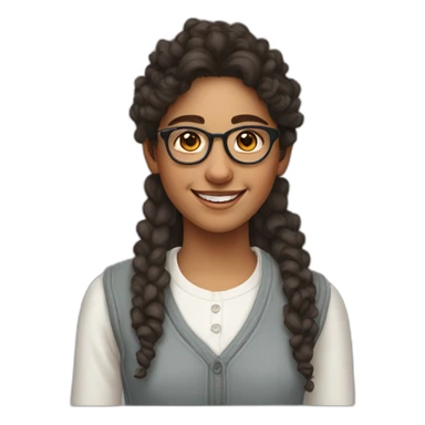 smiling indian teenage girl with curly hair and glasses wearing a collared long sleeve white shirt under a white sweatervest sticker