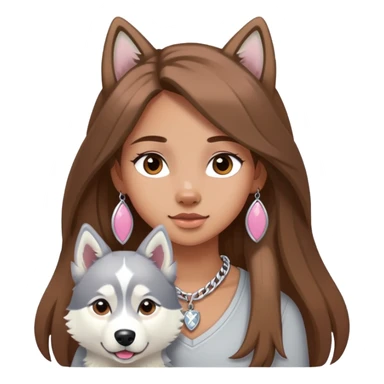 Girl with Brown long hair with husky white and grey and pink necklace for the husky  sticker