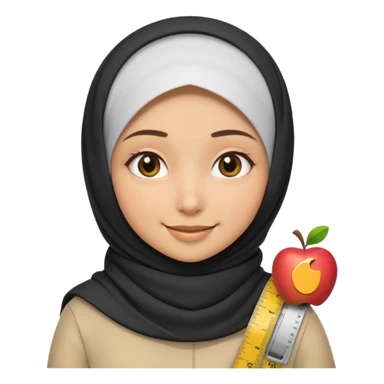a smiling hijab girl with a measuring tape around her neck, Apple emoji style sticker