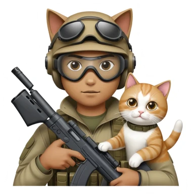 Man in tactical airsoft gear wearing protective goggles on face, holding a gun in one hand and a white and brown cat in the other hand sticker
