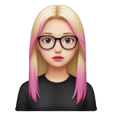 Teenage girl taking a selfie
Setting: school bathroom
Hair: long, straight, blonde with pink dye
Wears rectangular glasses
Clothing: black shirt
Expression: neutral
Lips: slightly glossy
A expressive pose sticker