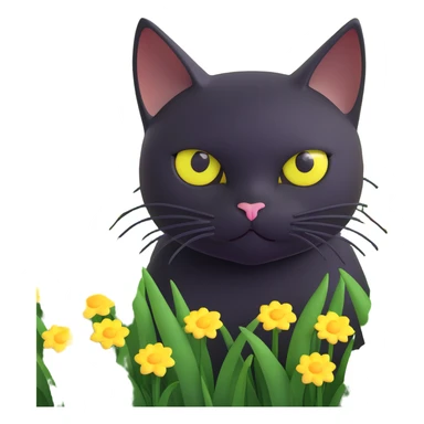 A black cat with large, round yellow eyes peeking out from a field of green grass with scattered yellow and white flowers sticker