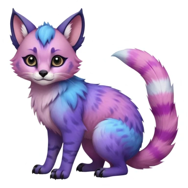 Cute kawaii cool edgy badass  pastel cotton-candy pink-blue-purple gradient fluffy fur fantasy-caracal-civet-genet-sergal-vernid-Gryphon-Cacomistle-Trico-oncilla-animal-Fakémon-hybrid-fursona (full body), facial markings, (realism style) sticker