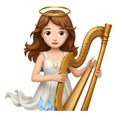Female angel holding harp with flowing brown hair sticker