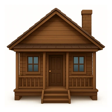 A wooden house typical of Puerto Rican rural neighborhoods, with a simple and cozy design featuring a central functional door, two symmetrical windows, a front porch with open railings, and space for a rocking chair. Emoji style, brown and wooden, no star, no symbol sticker